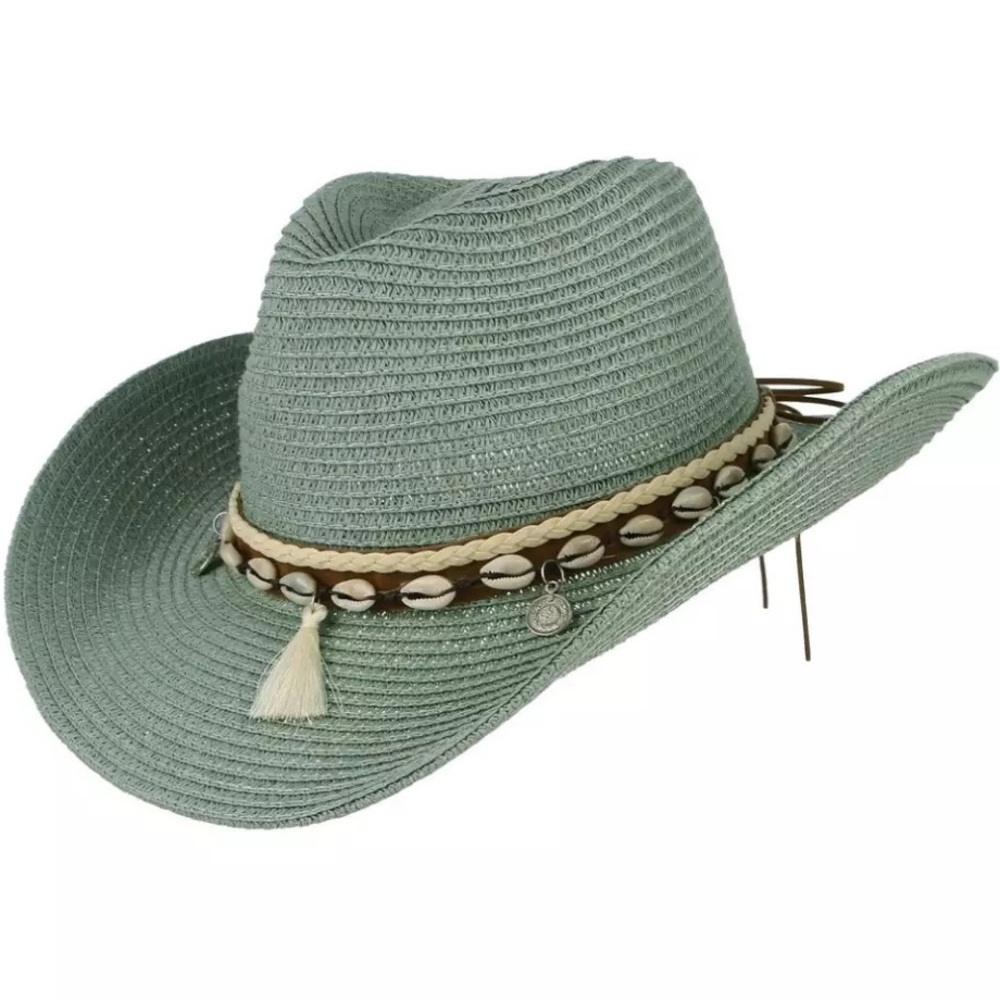 Boho Shell Panama Sun Hat In Sable & Sage